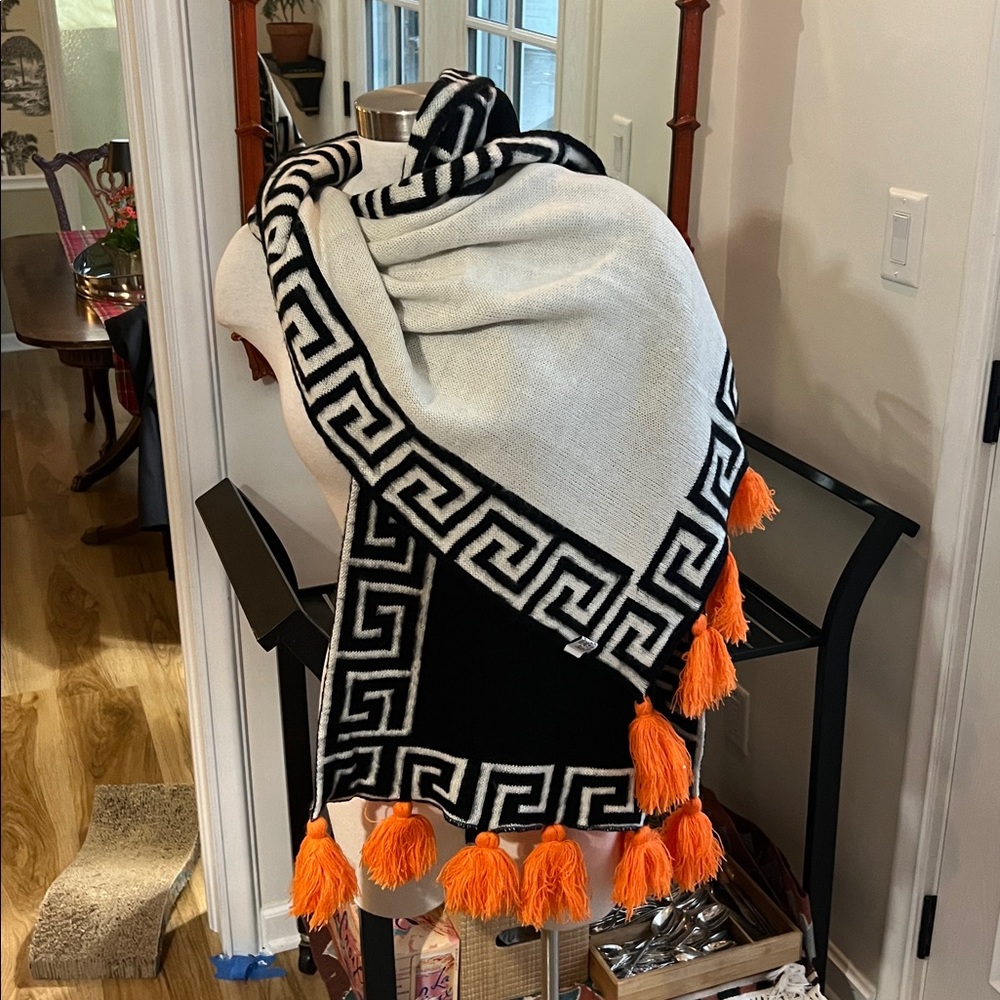 Long Black and White Scarf / Table Runner  with Orange Tassels - Picture 2 of 6